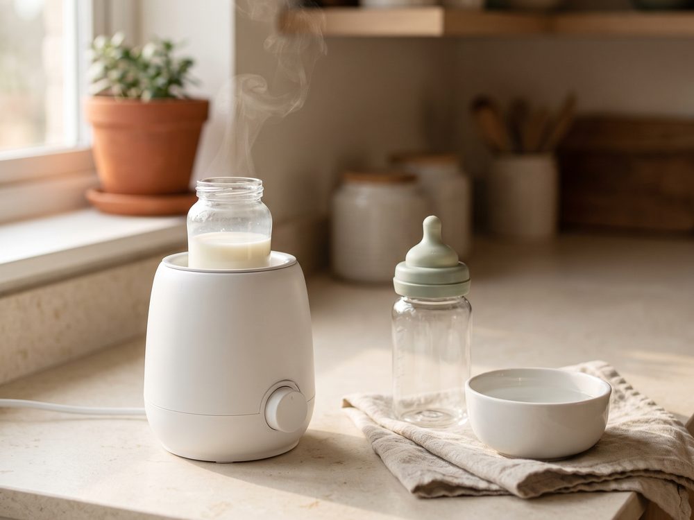 A small white electric bottle warmer on a cream kitchen counter with a glass bottle of milk warming inside, a second bottle with a sage-green nipple beside it, and a plain white bowl of warm water on a linen cloth.