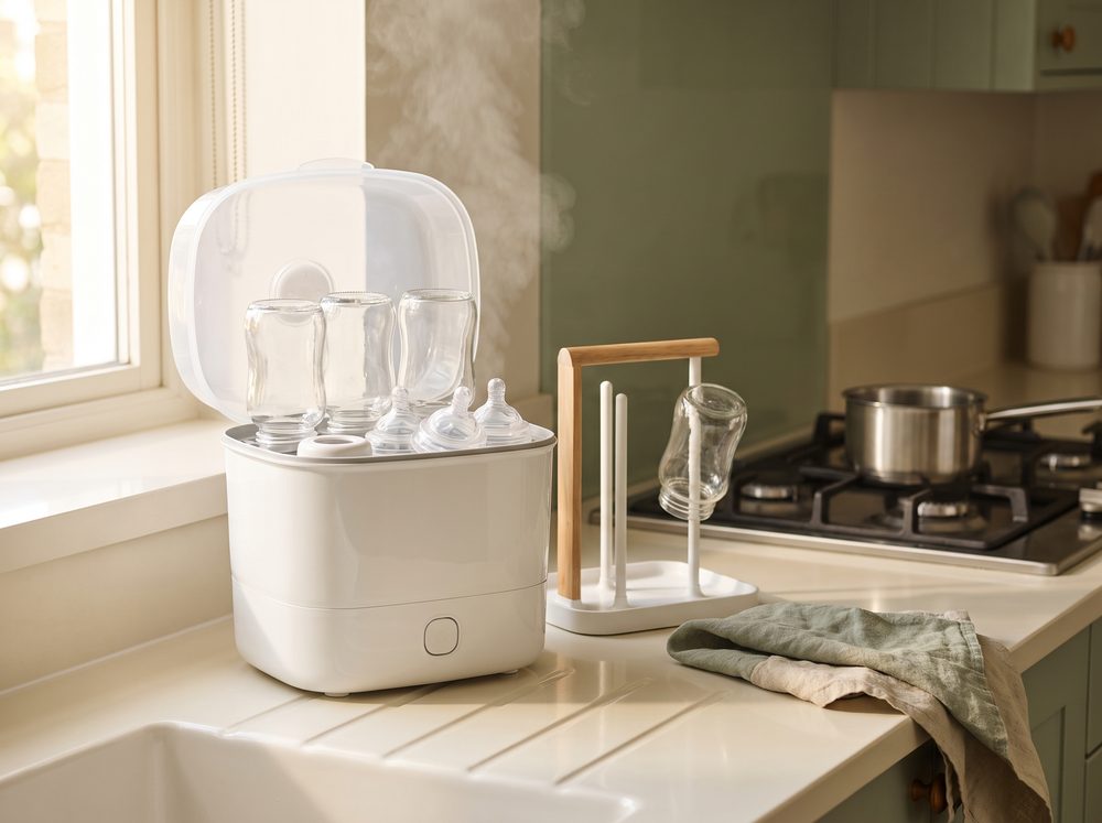 A white countertop electric steam sterilizer open on a cream kitchen counter with clean clear baby bottles and nipples inside, a wooden and white bottle drying rack beside it, and a pot on the stove in the background.