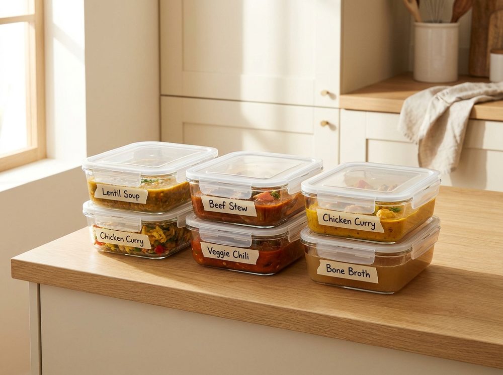 Six labeled freezer meal containers — lentil soup, beef stew, chicken curry, veggie chili, and bone broth — stacked on a wooden kitchen counter.