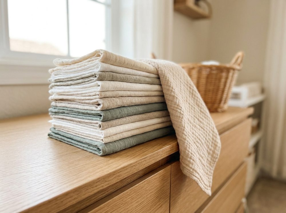 A stack of folded cream, white and sage muslin burp cloths on a wooden nursery dresser in soft natural light.