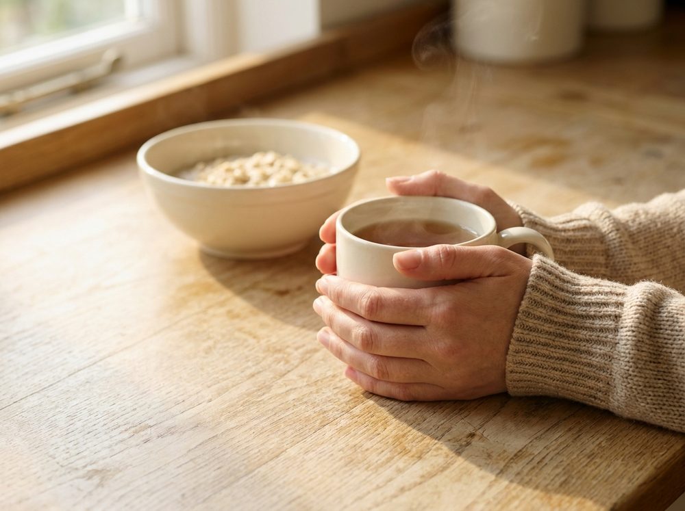 A Mama's hands wrapped around a steaming mug of tea on a warm wooden counter — a quiet hydration moment during a busy nursing day.