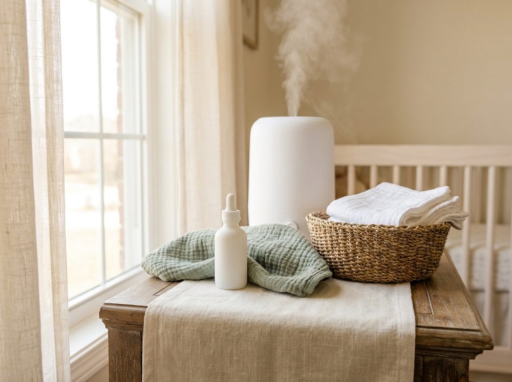 A calm nursery nightstand with a cool-mist humidifier steaming softly, a small unlabeled saline dropper bottle, folded sage muslin and white cloths in a woven basket, beside a crib in warm morning light.