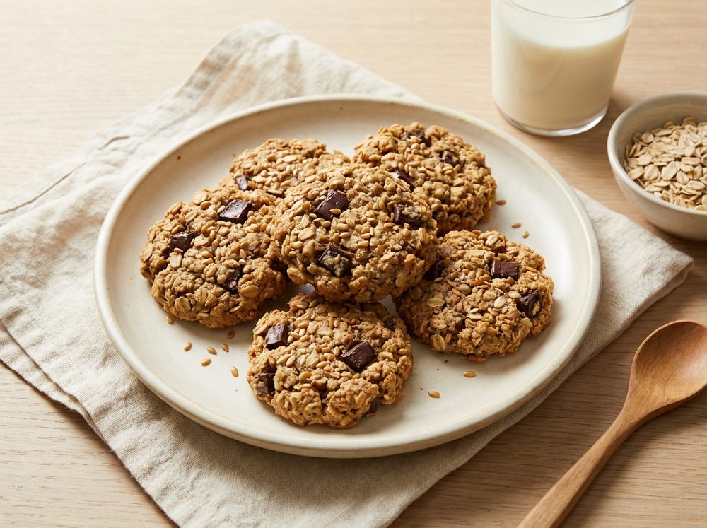 A plate of oatmeal chocolate-chunk cookies beside a glass of milk on a linen napkin — a classic one-handed nursing snack.