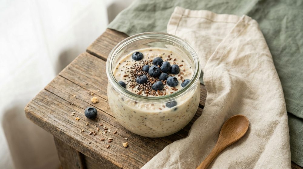 A glass jar of overnight oats topped with fresh blueberries, chia and flax seeds, on a rustic wooden table with a wooden spoon and linen napkin.