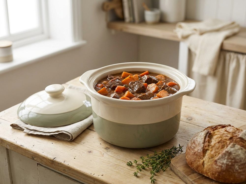 A countertop slow cooker filled with beef stew, sweet potatoes and carrots in rich gravy, lid off beside it on a wooden kitchen counter with crusty bread and fresh thyme.