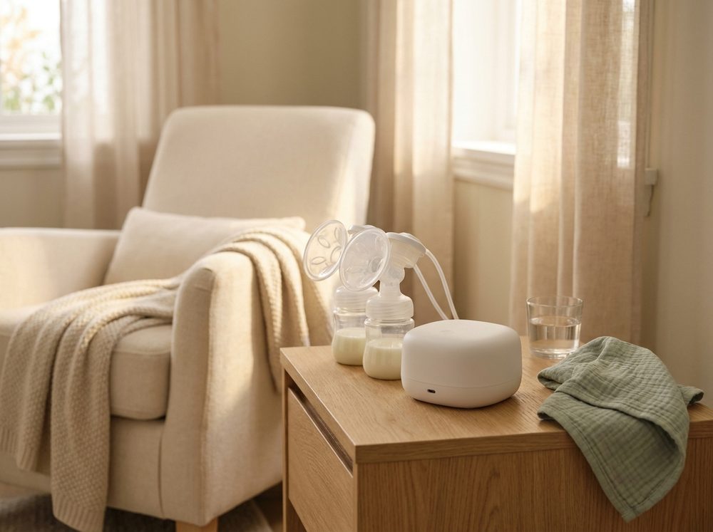A double electric breast pump with two flanges and two bottles of milk on a wooden side table beside a cozy nursing chair and a sage muslin cloth.
