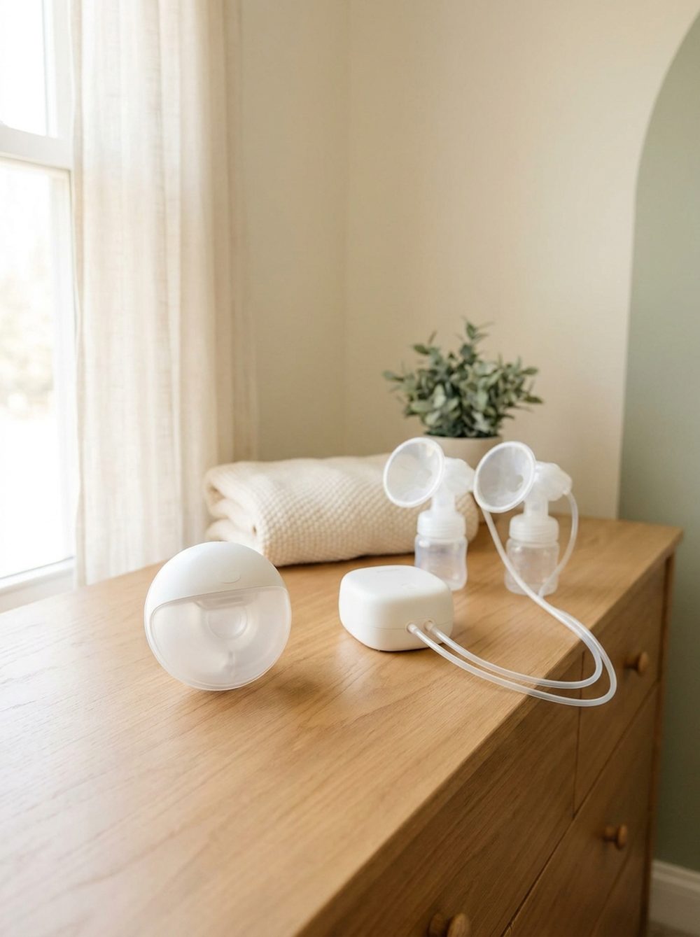 A compact wearable breast pump cup and a traditional electric breast pump with bottles and tubing side by side on a wooden dresser in soft natural light.